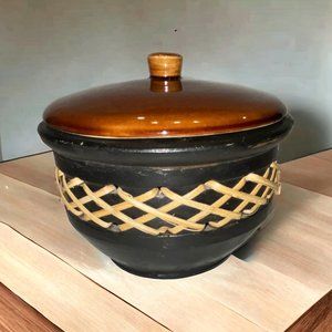 Ceramic Textured Decorative Bowl Jar with Lid Brown and Black Braided